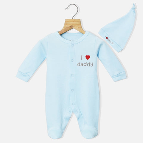 Blue I Love Daddy Embroidered Full Sleeves Footsie With Cap